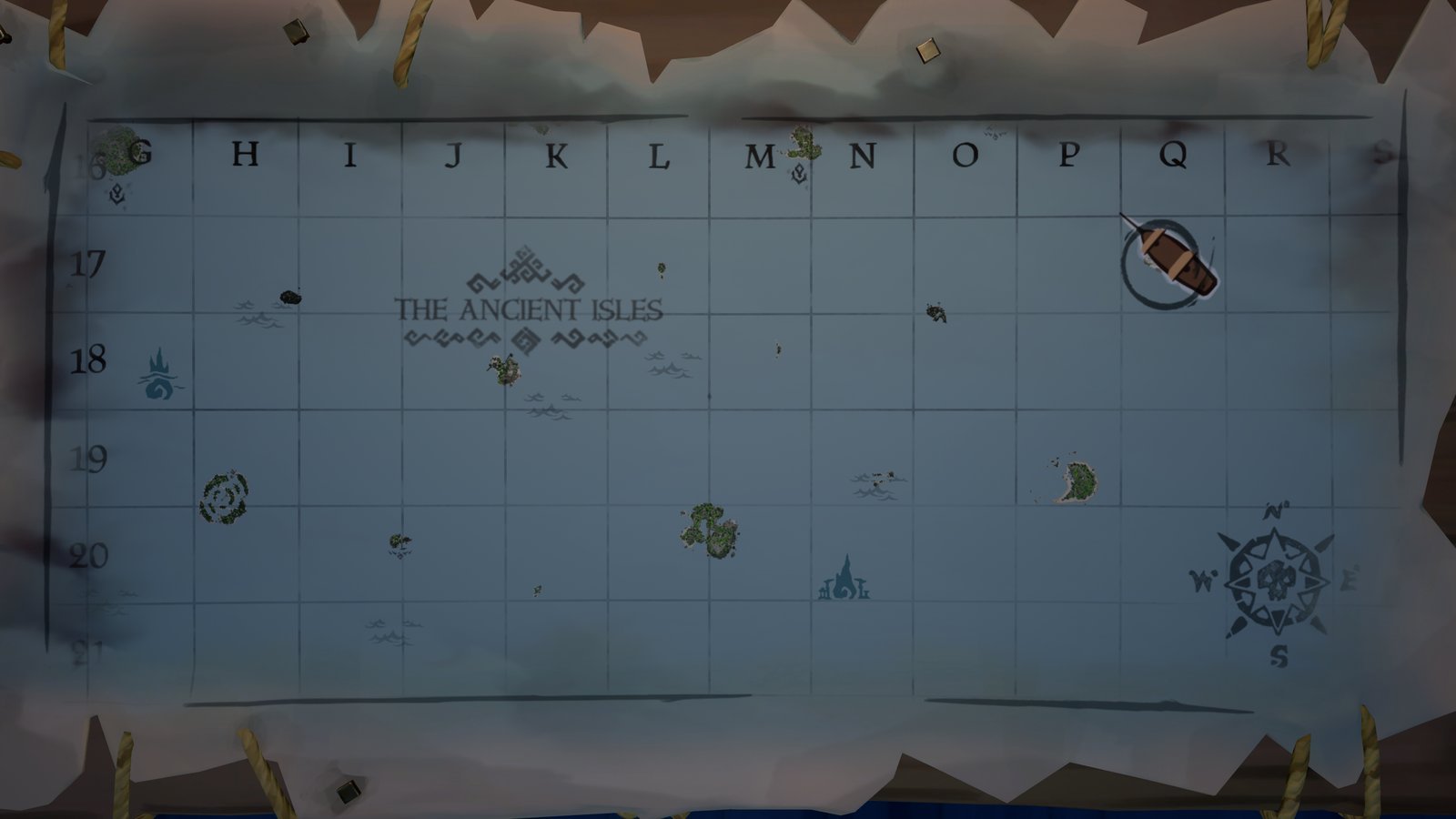 Sea of Thieves world map showing The Ancient Isles, an archipelago of round islands referenced by the sailing-directions sentence below